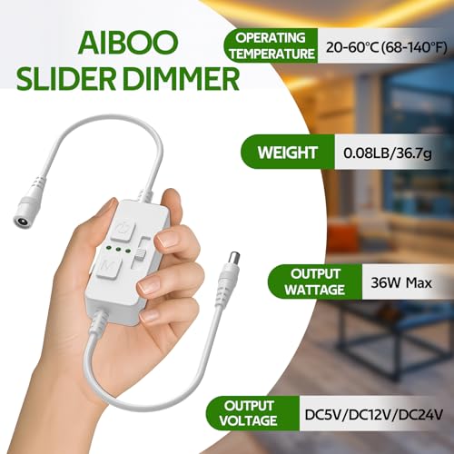 AIBOO Single Color Slider Dimmer with Timer - PWM 1pc DC 5V/12V/24V LED Controller, 36W Max, Slide Brightness Control & Auto-Off for LED Strip Lights, Closet, Counter, Aquarium Lighting (White) - color: White