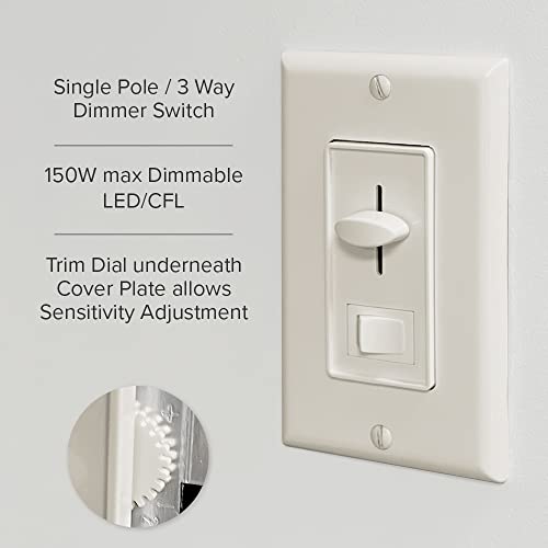 Maxxima LED Dimmer Electrical Light Switch, Almond, 3-Way/Single Pole Use | 600 Watt Max, LED and Incandescent Compatible, Wall Plate Cover Included - color: Almond
