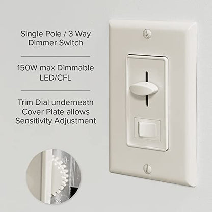 Maxxima LED Dimmer Electrical Light Switch, Almond, 3-Way/Single Pole Use | 600 Watt Max, LED and Incandescent Compatible, Wall Plate Cover Included - color: Almond