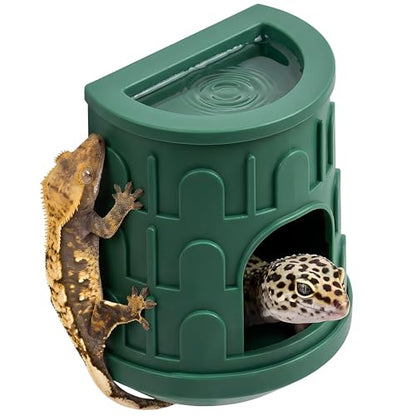 Wall Mount Reptile Hide Cave with Food Bowl for Terrarium Habitat Setup, Cute Hide with Treats Bowl, Essential and Safe Hideout for Gecko, Spider, Lizard, Hamster, Crab - color: Green