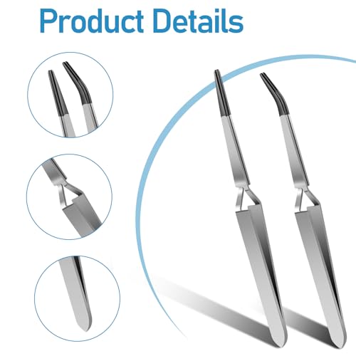 Reverse Tweezers for Crafting, 2 Piece Rubber Tipped Tweezers Stainless Steel Cross Locking Tweezer Precision Straight Flat Tip Long Bent Tweezer Pvc Coated for Crafts Stamps Beads Jewelry Electronics