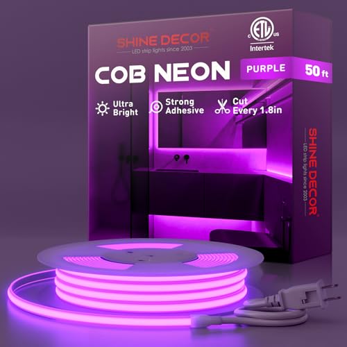 Shine Decor COB LED Rope Light AC 120V, 800lm Ultra Bright, IP65 Waterproof Cold-Resistant ETL Neon Strip, No Driver Tape Lighting for Home Commercial 10x4.5mm, Purple, 50ft - color: Purple, size: 50 ft