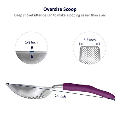 WePet Cat Litter Scoop, Aluminum Alloy Sifter, Kitty Metal Scooper, Deep Shovel with Diagonal Sifting Hole, Long Handle, Kitten Poop Lifter for Litter Box, Large Size, Violet Handle - color: #07 Violet, size: Large