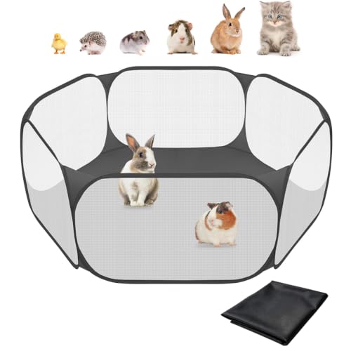 Amakunft 2 in 1 Small Animal Playpen with Waterproof Pad, Pop-Up Portable Play Yard for Guinea Pigs, Rabbits, Hamsters, Hedgehogs, Foldable Exercise Fence with Breathable Mesh for Indoor Outdoor Use - color: BLACK with Pad