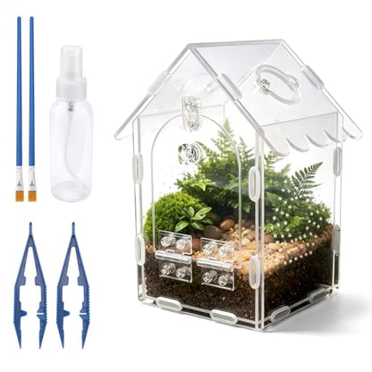 Jumping Spider Enclosure, Acrylic Tarantula Terrarium 4.38"×4.75"×8", Care Kit with 2 Tweezers, 2 Paint Brushes & Spray Bottle, Magnetic Door, Escape-Proof Habitat for Spiders, Tarantulas & Mantis