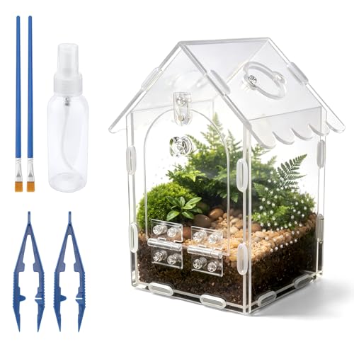 Jumping Spider Enclosure, Acrylic Tarantula Terrarium 4.38"×4.75"×8", Care Kit with 2 Tweezers, 2 Paint Brushes & Spray Bottle, Magnetic Door, Escape-Proof Habitat for Spiders, Tarantulas & Mantis