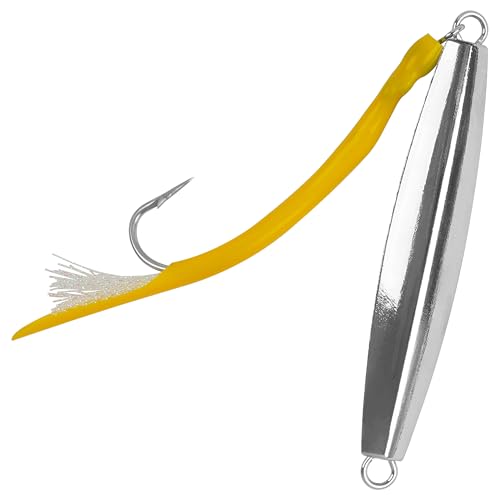 Diamond Jigs Saltwater Fishing Lures,Casting Jigging Spoon with Split Tube Tail Stainless Steel Hook Metal Jig Spoon Baits for Deep Sea Offshore Surf Fishing Bottom Sinking - color: Yellow-1pc, size: 2oz