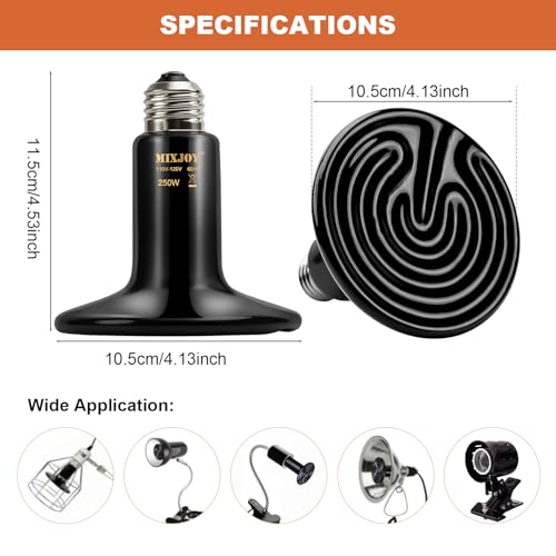 MIXJOY 250W Ceramic Heat Emitters - 2Pack Reptile Heat Lamp Bulbs, No Light Emitting, Ideal for Gecko, Lizard, Bearded Dragon, Turtle, Snake & Chicken
