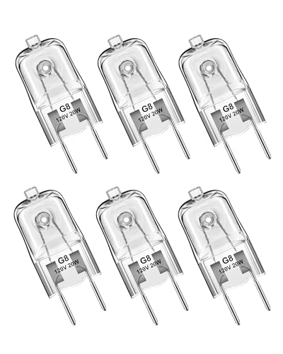 Flaspar G8 Halogen Light Bulbs, 20W G8 Bi-Pin Base Halogen Bulb, 120V Dimmable T4 JCD Type for Microwave Hood Light Bulb, Warm White Under Cabinet Puck Lights Replacements, Xenon Bulb, 6 Pack