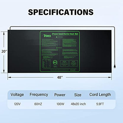iPower GLHTMTCTRLHTMTL 48" x 20" Warm Hydroponic Seedling Heat Mat and Digital Thermostat Control Combo Set for Plant Germination, Black - size: 48" x 20", style: with Controller