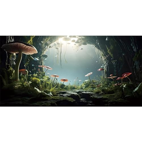 AWERT 24x12 inches Aquarium Background Foggy Stone Mushroom Moss Terrarium Background Polyester Green Plants Cave Fish Tank Background - size: 24x12in/60x30cm