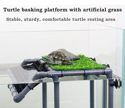 Extra Large Turtle Basking Platform, Sturdy Standing Dock with Non-Slip Ramp & Artificial Grass, Turtle Tank Accessories, Fits 50/65/75/90/125 Gal Tanks, Gray/Black - size: Basking Platform 13.4" W × 10" D