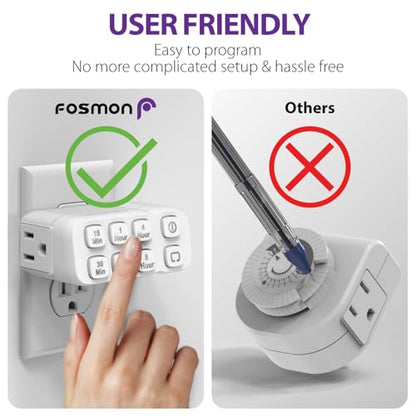 Fosmon Countdown Plug-in Timer Dual Outlets, Indoor Light Timers for Electrical Outlets, 15-30 Min, 1-2-4-8 Hour Settings, Grounded 3-Prong, 15A/1875W, ½ HP, 2-Pack - style: countdown timer 2 pack