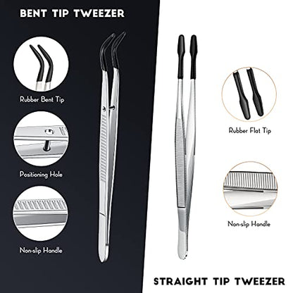 2 Piece Tweezers with Rubber Tips Set - Bent and Straight Flat Tips Tweezers PVC Coated for Stamp Coins Jewelry Crafts, Electronics(Silver, Black) - color: Silver, Black