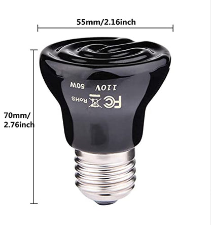 2-Packs 50W Black Ceramic Heat Lamp Mini Reptile Heat Lamp Bulbs E26/E27 Infrared Reptile Heat Emitter Heater Lamp Bulb No Light Lamps for Lizard Brooder Coop Aquarium Habitat Lizard Turtle