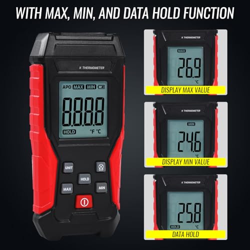 Digital K Type Thermometer with Two Thermocouple Probes, -328°F~2501°F Single Channel Thermocouple Thermometer HVAC Temperature Meter with Backlit LCD Display Max/Min, Data Hold