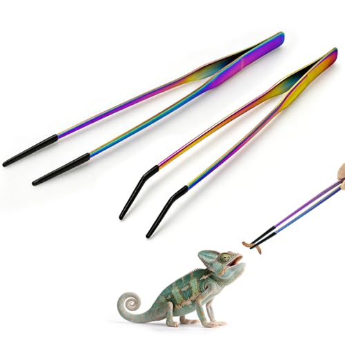 Syn-zer Reptile Feeding Tongs 2 Pack – 10.6" Stainless Steel Tweezers with Rubber Tips | Straight & Curved Long Tongs for Bearded Dragon, Lizard, Aquarium, Terrarium, Gardening, Craft - color: Multicolor