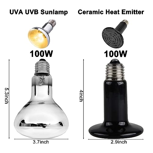 DXOPHIEX 15 inch Dual Reptile Light Fixture, Max 150W Dual Reptile Heat Lamp Fixture with 100W UVA UVB Sun Light & Ceramic Heat Emitter,Double Dome Lamp for Terrarium and Tortoise Habitat - size: 15inch with UVA UVB sun lamp and CHE bulb