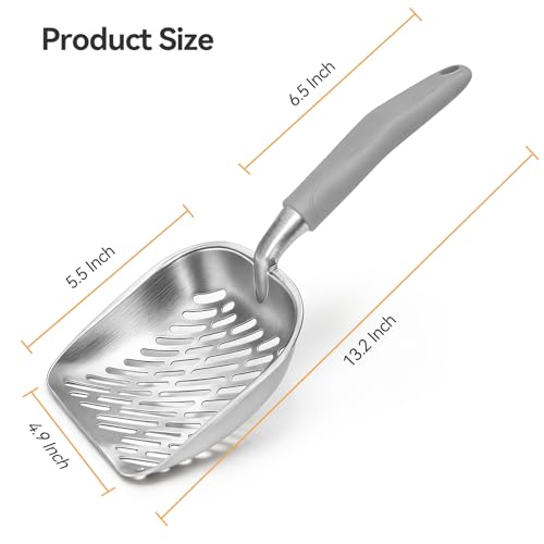 Cat Litter Scoop, Large Long Handle Kitty Metal Scooper, Heavy Duty Aluminum Deep Sifter, Ergonomic Non-Slip Grip, Rustproof Durable Poop Cleaner for Cat Litter Box - color: Gray, size: Large