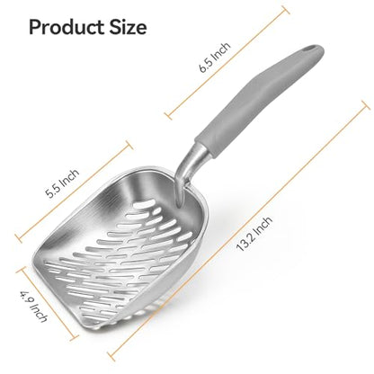 Cat Litter Scoop, Large Long Handle Kitty Metal Scooper, Heavy Duty Aluminum Deep Sifter, Ergonomic Non-Slip Grip, Rustproof Durable Poop Cleaner for Cat Litter Box - color: Gray, size: Large