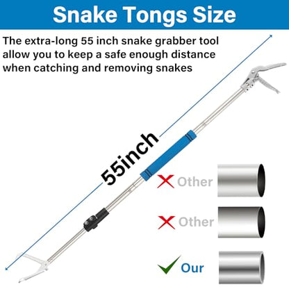 Snake Grabber Tool, 55" Snake Tongs Long Handle for Rattlesnake Reptile Tongs Heavy Duty Long Catcher Reach Grabber Stainless Steel Materials Sponge Handle Wide Jaw (55 inches) - size: 55"