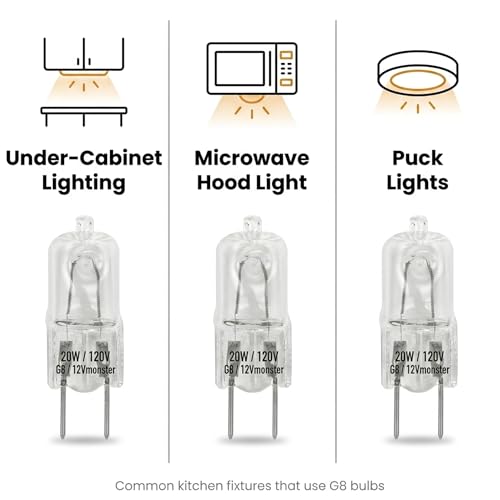10 Pack-G8 20Watt 120V Halogen Light Bulbs T4 JCD Type 120V Bi-Pin Base Shorter 1-1/4" (1.25") Length 20W Lamp Soft White Under Cabinet Puck Lighting Replacement Dimmable Hood Range Q20/G8/CL/120V