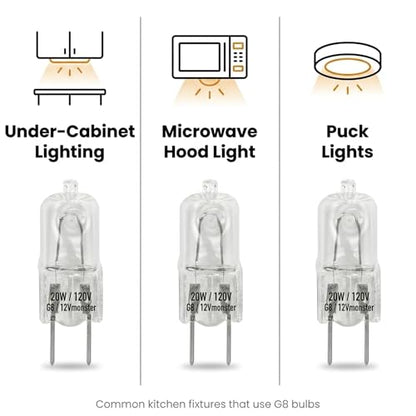 10 Pack-G8 20Watt 120V Halogen Light Bulbs T4 JCD Type 120V Bi-Pin Base Shorter 1-1/4" (1.25") Length 20W Lamp Soft White Under Cabinet Puck Lighting Replacement Dimmable Hood Range Q20/G8/CL/120V
