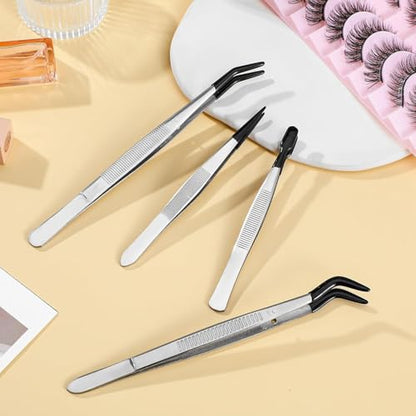 4 Pcs Rubber Tipped Tweezers For Crafting | Plastic Tweezers, PVC Coated, Soft Rubber Tip, Non Marring, For Crafts Stamps Beads Jewelry