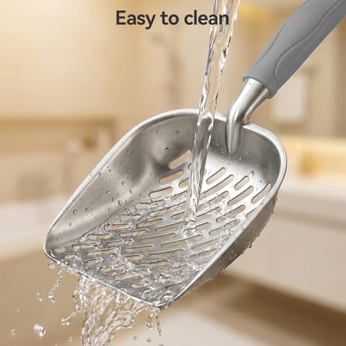Cat Litter Scoop, Large Long Handle Kitty Metal Scooper, Heavy Duty Aluminum Deep Sifter, Ergonomic Non-Slip Grip, Rustproof Durable Poop Cleaner for Cat Litter Box - color: Gray, size: Large