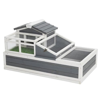 3-Room Tortoise Habitat with Balcony and 2 Stories - Large Wooden Reptile Enclosure for Turtles, Openable Roof, Ladder, Turf Mat, and Removable Tray, Grey and White