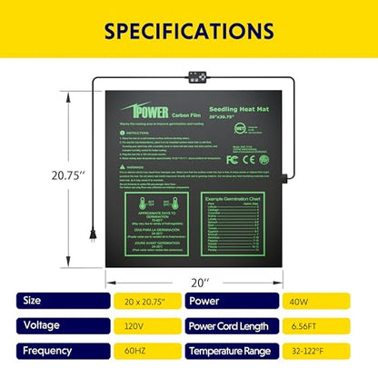 iPower 20"x20.75" Seedling Heat Mat with Built-in Temperature Controller, MET Certified Waterproof Plant Heating Pad, for Germination, Breeding, Brewing - size: 20" x 20.75", style: with Dual LED Thermostat