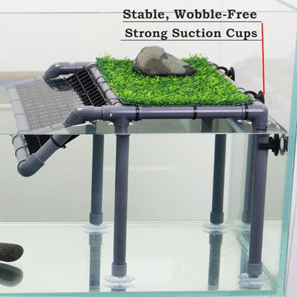 Extra Large Turtle Basking Platform, Sturdy Standing Dock with Non-Slip Ramp & Artificial Grass, Turtle Tank Accessories, Fits 50/65/75/90/125 Gal Tanks, Gray/Black - size: Basking Platform 13.4" W × 10" D