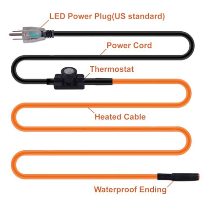 Cupohus Heat Tape for Water Pipes with Thermostat 6FT, Freeze Protection Self-Regulating Heat Trace Cable for Metal, Plastic Home Pipes, Roof and RV, 110-120V