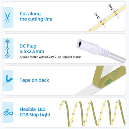 LED Strip Lights 24V COB Pink 16.4ft (No Power Supply) | Super Bright, Dotless High Density 14W/m, 8mm Width Cuttable Flexible, Home DIY Commercial Decoration - color: Pink (Only LED Strip)