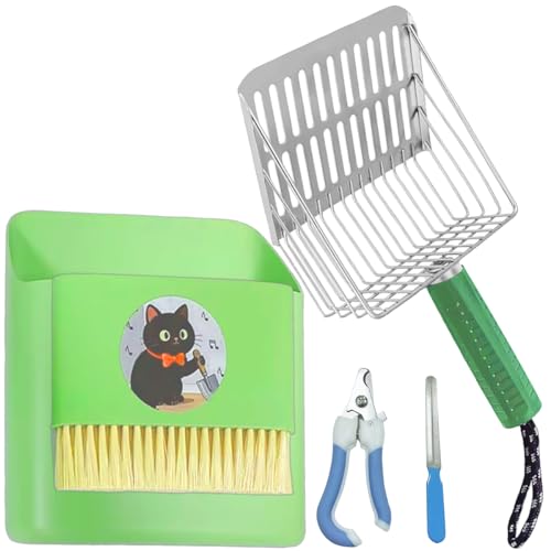 5 in 1 Stainless Steel Cat Litter Scoop with Holder,Litter Cleaner Corner Scoop Sand Sifter,Easy to Clean Cat Little Box, Sifting Litter Scoop Shovel for Reptile Terrarium Sand Waste (Green) - color: Green