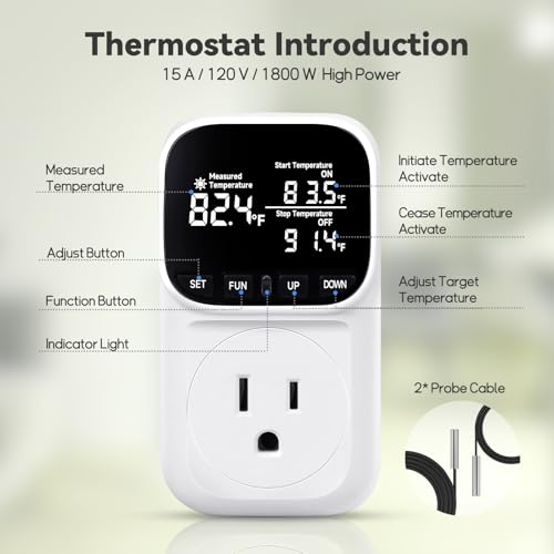 1800W Digital Thermostat for Reptile Tank, -40℉~210℉, Plug in Thermostat for Heater/Greenhouse with 5m/2m Cable, 15A Temperature Controlled Outlet with VA Display, Temp ±0.1°F, White - style: Plug in-White
