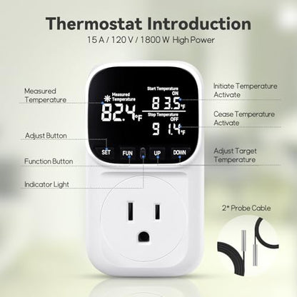 1800W Digital Thermostat for Reptile Tank, -40℉~210℉, Plug in Thermostat for Heater/Greenhouse with 5m/2m Cable, 15A Temperature Controlled Outlet with VA Display, Temp ±0.1°F, White - style: Plug in-White