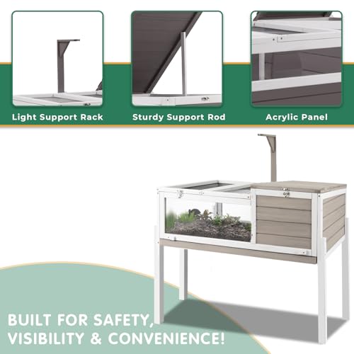 Tortoise Habitat Tank Indoor Outdoor, Wooden Tortoise House with Detachable Legs, 2-Room Reptile Turtle Enclosure Cage for Small Animals, Lamp Holder,Leakproof Tray, Grey - size: 37.0"L x 23.0"W x 32.0"H