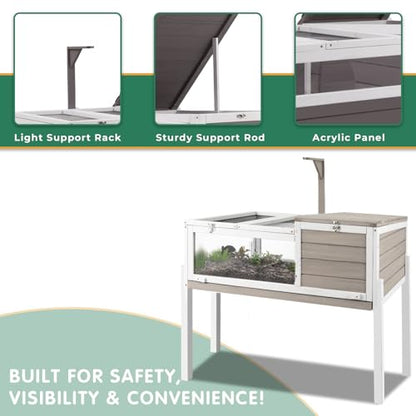 Tortoise Habitat Tank Indoor Outdoor, Wooden Tortoise House with Detachable Legs, 2-Room Reptile Turtle Enclosure Cage for Small Animals, Lamp Holder,Leakproof Tray, Grey - size: 37.0"L x 23.0"W x 32.0"H