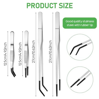 Reptile Feeding Tongs Long Tweezers,4 Pack Stainless Steel Feeding Tongs 10.6" Straight & Curved Tweezers with Soft Rubber Tip Terrarium Supplies for Aquarium Crafts Tank Accessories