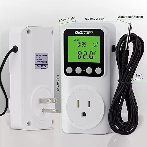 DIGITEN Digital Programmable Thermostat Outlet with Timer | 15A Plug-in Day-Night Temp Controller for Heating/Cooling, Clock & ℃/℉, Backlit LCD, 110V for Home/Reptile/Heat Mat