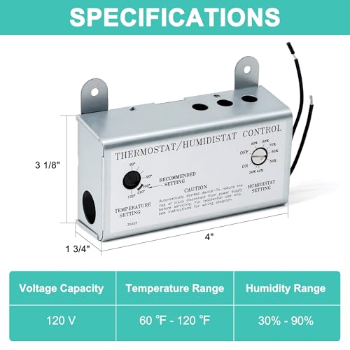 Attic Fan Thermostat and Humidistat, Adjustable Temperature and Humidity Controller 120V Thermostat Replacement for Power Attic Ventilators, Greenhouse Fan and Exhaust Fan