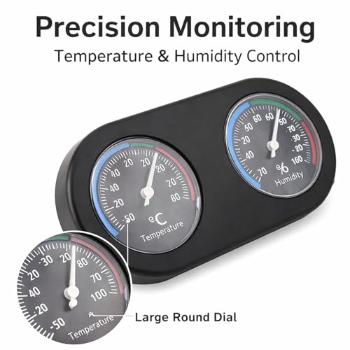 Mini Analog Temperature Humidity Meter, Round Shape Thermometer Hygrometer, Black Compact Design - Accurate Physical Measurement, No Battery Required, Ideal for Reptile Tank and