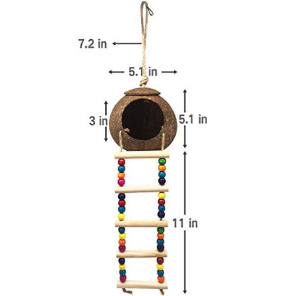 Hanging Coconut Birds House with Ladder,Natural Coconut Fiber Shell Bird Nest for Parrot Parakeet Lovebird Finch Canary,Coconut Hide Birds Swing Toys for Hamster,Bird Cage Accessories,Pet Bird Supply