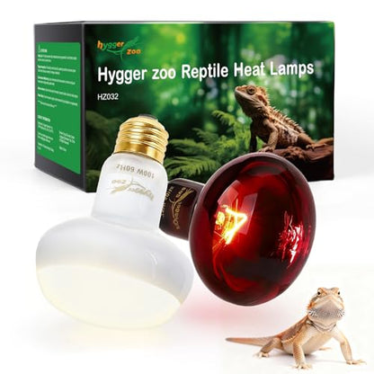Reptile Heat Lamp Bulbs, 2 Pack 100W Reptile Heat Bulbs UVA Daylight Basking Bulb and Infrared Heat Lamp Red Night Light Bulb Combo for Bearded Dragon Chameleon Turtle Snake Gecko Lizard Chicken Tank - color: White & Red, size: Day & Night-100
