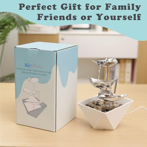 Tabletop Water Fountain Indoor - Handcrafted 3-Tier Waterfall 304 Metal | Easy "+" "-" On/Off Switch, Quiet Pump, Zen Relaxation for Office, Living Room, or Bedroom, Durable Desktop Fountain - color: White
