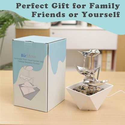 Tabletop Water Fountain Indoor - Handcrafted 3-Tier Waterfall 304 Metal | Easy "+" "-" On/Off Switch, Quiet Pump, Zen Relaxation for Office, Living Room, or Bedroom, Durable Desktop Fountain - color: White