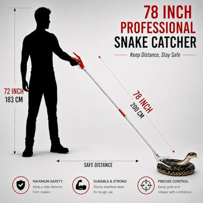 78" Snake Grabber, Foldable Snake Tongs All-Stainless Steel, Humane Rattle Snake Reptile Catcher with Smooth Wide Jaw Hangling Tool with Lock - size: 78" snake grabber