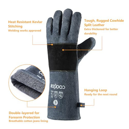 COOLJOB Bite Proof Animal Handling Gloves, Cowhide Leather with Kevlar Stitching for Cat Grooming, Dog Training, 16/22” - color: Blue, 16"