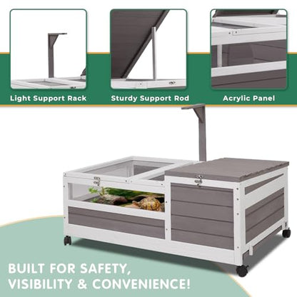 Tortoise Habitat Tank Indoor Outdoor, Wooden Tortoise House with Detachable Legs, 2-Room Reptile Turtle Enclosure Cage for Small Animals, Lamp Holder, Leakproof Tray, Grey - size: 78"L x 23"W x 14"H